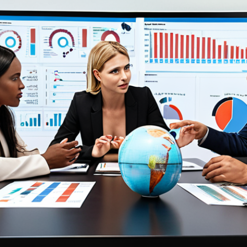 Home 4 **Image Prompt:** A diverse team of international business professionals collaborating around a table, engaged in active discussion, with visual aids displaying data analysis and market trends. Emphasize communication and cultural sensitivity.